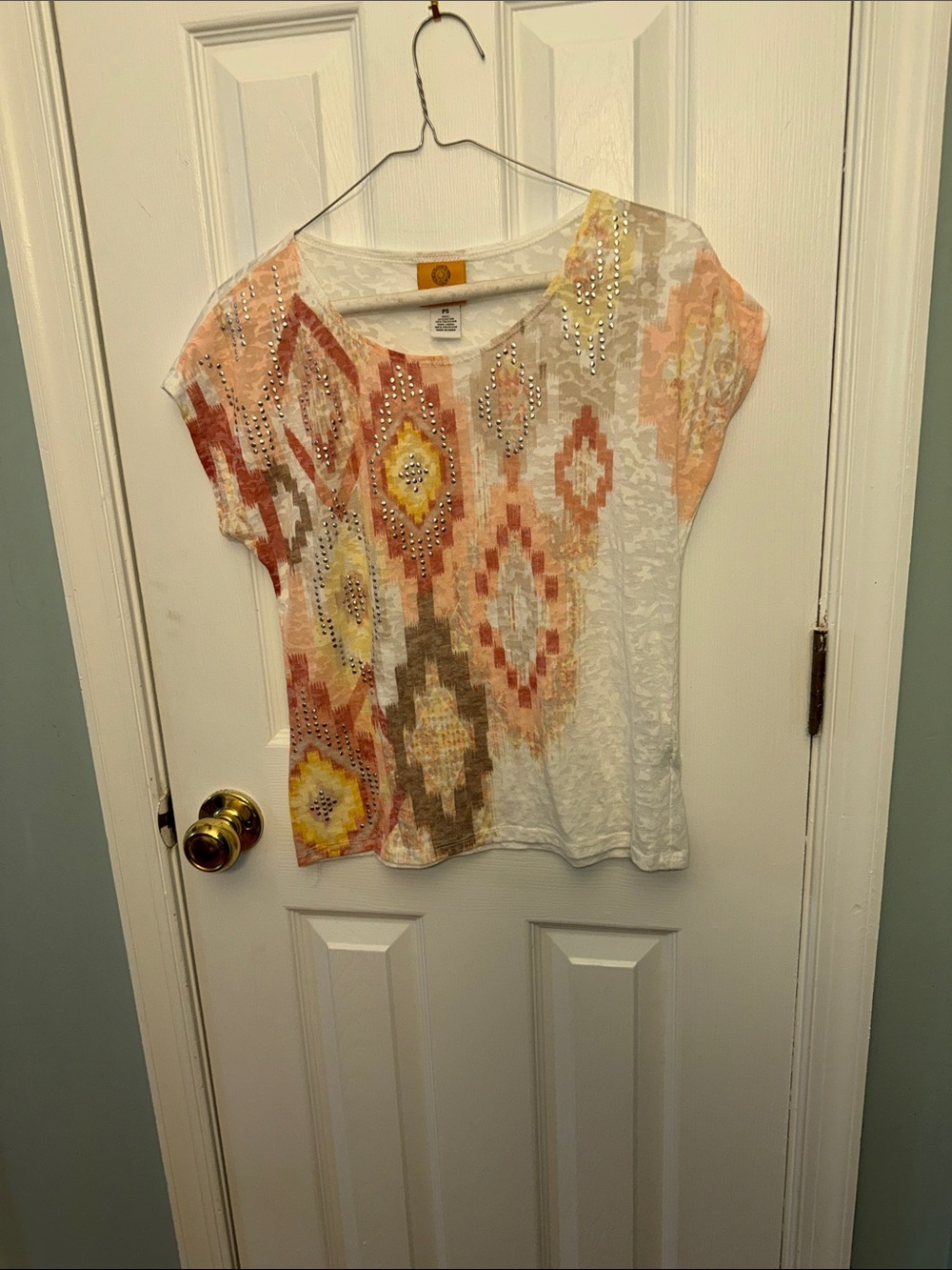 Ruby Rd. White Short Sleeve Tee with Pink, Yellow & Tan Aztec Print